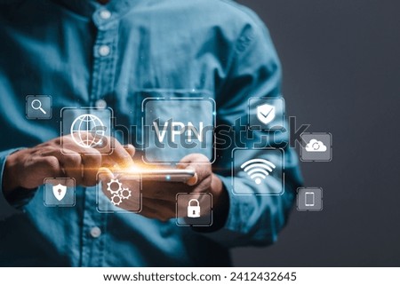 VPN Virtual private network protocol cyber ​​security and anonymous internet privacy connection technology.	Person use smartphone to connect to the internet through VPN application.