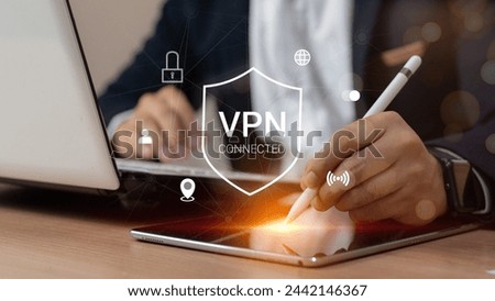 VPN Virtual Private network protocol concept, Man hand typing on keyboard computer with vpn icon on VR screen. VPN concept.