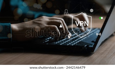 VPN Virtual Private network protocol concept, Man hand typing on keyboard computer with vpn icon on VR screen. VPN concept.