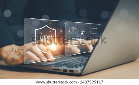 VPN Virtual Private network protocol concept, Man hand typing on keyboard computer with vpn icon on VR screen. VPN concept.