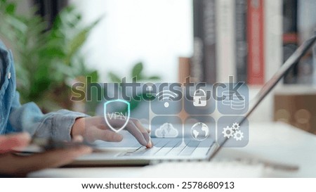 VPN Virtual Private Network protocol concept, Businessmen with VPN icon on VR screen. VPN concept. Cyber security and privacy connection technology