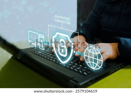 VPN Virtual Private network protocol concept, Woman hand typing on keyboard computer with vpn icon on VR screen. VPN concept.