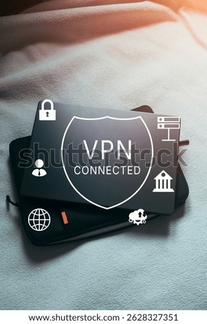VPN Virtual Private network protocol concept. Laptop with VPN interface. Online system network.