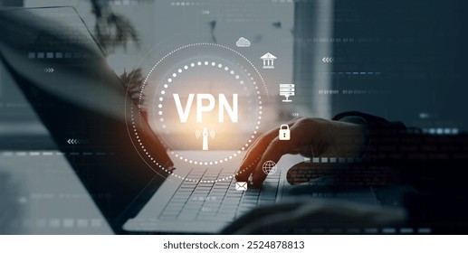 VPN(Virtual Private Network) secure connection.Remote server private internet network to protect privacy personal data.Digital connection between computer and a remote server owned VPN provider.