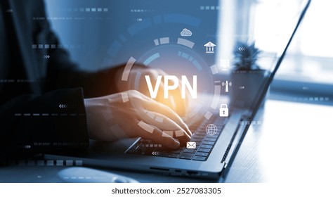 VPN(Virtual Private Network) secure connection.Remote server private internet network to protect privacy personal data.Digital connection between computer and a remote server owned VPN provider.