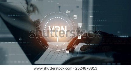 VPN(Virtual Private Network) secure connection.Remote server private internet network to protect privacy personal data.Digital connection between computer and a remote server owned VPN provider.