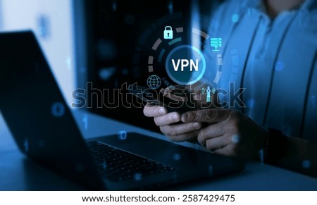 VPN(Virtual Private Network) secure connection.Remote server private internet network to protect privacy personal data.Digital connection between computer and a remote server owned VPN provider.


