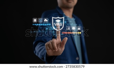 VPS hosting and server security for cloud technology. This protection digital network and cyber infrastructure concept shows a professional managing secure web hosting services