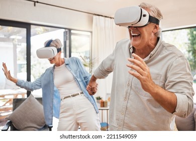 VR, 3d technology and senior couple with metaverse games in the living room of the house together. Happy, excited and comic elderly man and woman playing digital video entertainment in the lounge - Powered by Shutterstock