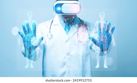 VR concept. In futuristic operating rooms, doctors don VR headsets, immersing themselves in VR surgery simulations, where visualize organs, practice simulated procedures for enhanced surgical training - Powered by Shutterstock