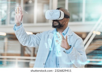 VR, futuristic and black man doctor working on a hologram with DNA, anatomy and overlay in a lab or holiday. Future, healthcare and professional use virtual reality to analyze medical data on screen - Powered by Shutterstock