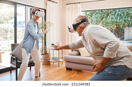 VR, gaming and metaverse with a senior couple playing a video game in their home for fun together. 3d, virtual reality and internet with an elderly gamer and his wife enjoying an immersive experience - Powered by Shutterstock