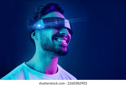 Vr, glasses or man in metaverse on black background gaming, cyber or scifi on futuristic digital overlay. Smile, virtual reality user or happy fantasy gamer person in a fun 3d experience in studio - Powered by Shutterstock - Get 15% off with code: PIKWIZARD15