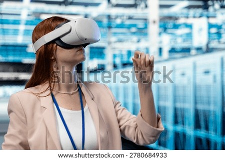 VR headset gear, database storage and engineer in data center managing IT infrastructure systems. Virtual reality simulation tech, industry 4.0 and worker in server farm, technology concept