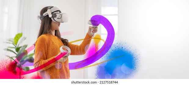 VR metaverse concept.Beautiful Artist woman in glasses of VR(virtual reality) Augmented reality.Girl wearing VR headset Working on Abstract 3D Sculpture with Controllers To Create NFT art in metaverse - Powered by Shutterstock