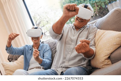 VR, video game and senior couple technology in metaverse, digital fantasy or cyber connection. Happy man, excited woman and race car people play on sofa lounge with virtual reality futuristic glasses - Powered by Shutterstock