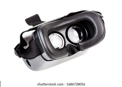 VR, Virtual Reality Headset Goggles Lenses Visible Light Reflections, Object Isolated On White, Cut Out Back View Angle Comfy Rubber Edge, Studio Shot, Nobody. Simple Accessible Smartphone Vr Concept