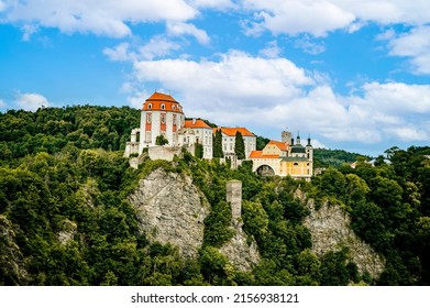 Vranov nad Dyji baroque castle in Moravian region in Czech republic. Chateau built in baroque style, placed on big rock above river.