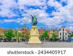 Vrijdagmarkt Friday market square with Jacob van Artevelde statue and old colorful flemish buildings in Ghent historical city centre, Gent old town, East Flanders province, Flemish Region, Belgium