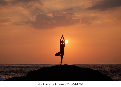 Vrikshasana Tree Pose From Yoga By Woman Silhouette On Sunset