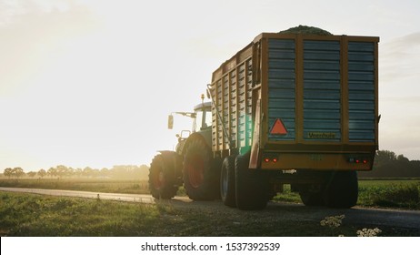 Vroomshoop, Netherlands - September 30, 2019 : Early In The Morning A Large Fendt Tractor Drives Onto The Road And Heads To The Farm With A Veenhuis Silage Trailer Filled With Harvested Maize