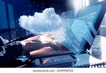 Vsual cloud computing, showcasing a glowing cloud surrounded by interconnected nodes on laptop.big data networks security, and digital storage.cloud services system