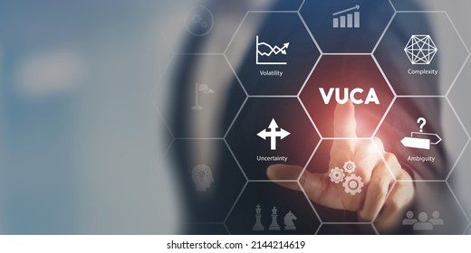 VUCA and strategic management.  Smart management for new trend and rapid transition. Touching on VUCA  text surrounded by volatility, uncertainty, complexity, ambiguity icons. Background, copy space.