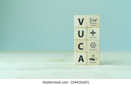 VUCA And Strategic Management. Wooden Cubes With VUCA Icon And Text; Volatility, Uncertainty, Complexity, Ambiguity With Grey Background. Smart Management For New Trend And Rapid Transition. 