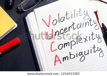 VUCA volatility, uncertainty, complexity, ambiguity written in a note.