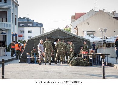 VUKOVAR, CROATIA - MAY 11, 2018: Tent Full Of Croatian Soldiers, Infantry, In The Streets Of Vukovar During Training Manoeuvres. Also Called Hrvatska Vojska, Or Hv, It's The Armed Forces Of Croatia.

