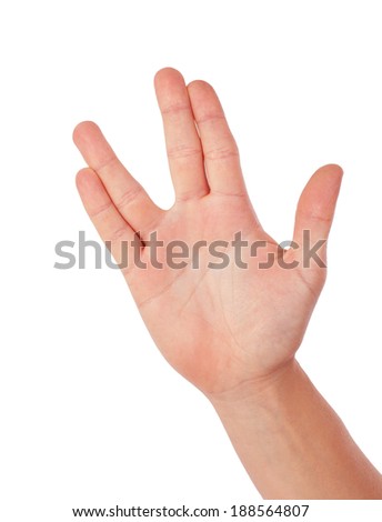 Vulcan greeting, womans hand, isolated on white