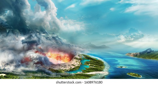 Vulcano Eruption On Hawai On Beutiful Shore Line Of Islands In Deep Blue Ocean