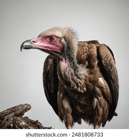 Vulture: A large, scavenging bird of prey with a distinctive bald head, sharp beak, and broad wings, known for its keen eyesight and feeding habits on carrion and decaying flesh.