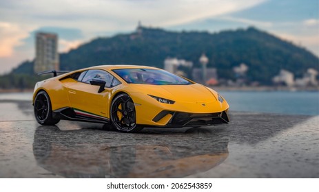 Vung Tau City, Vietnam - 22 October 2021: Lamborghini Supercar At Beach Parking Lot.