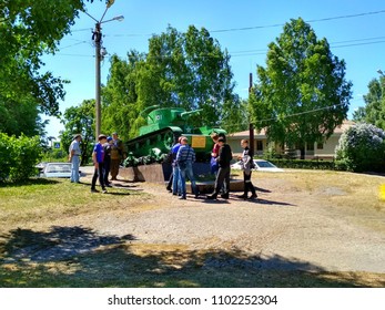 Vyborg,Russia 30 may 2018 year,excursion at the tank of the times of World War II,a monument of tankmen
