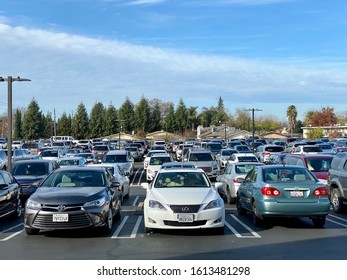 W Sac. CA - January 12, 2020: Closeup Of Full Parking Lot Filled With Variety Of Japanese And American Made Cars. 