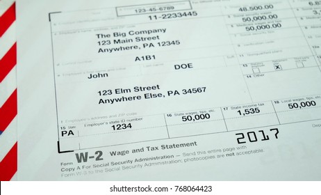 W2 Tax Form Copy A 2017 For Man Person John Doe Turns With American Usa Flag. Wage And Tax Statement