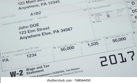 W2 Tax Form Copy B 2017 For Man Person John Doe With American Usa Flag. Wage And Tax Statement