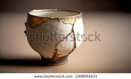 Wabi sabi cup repaired using japanese Kintsugi or Kintsukuroi technique emphasizing the cracks with golden joinery