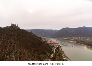 Wachau Valley And Danube River With A View From Vogelbergsteig Trail To Durnstein On A Cold Winter Day With Overcast