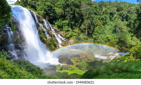 Wachirathan Waterfall in Doi Inthanon National Park, one of largest and famous cascade in country with rainbow, Chiang Mai, Thailand, panorama