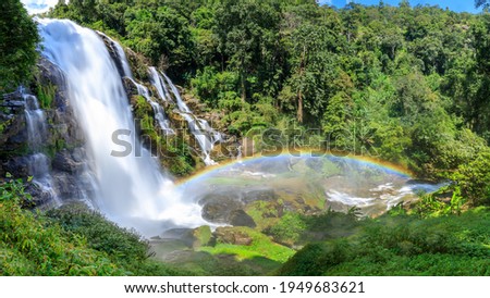Wachirathan Waterfall in Doi Inthanon National Park, one of largest and famous cascade in country with rainbow, Chiang Mai, Thailand, panorama