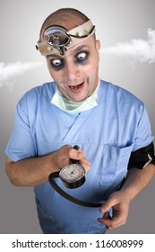 Wacky Doctor Measure His High Blood Pressure. Funny Young Man In Doctor Close With Blood Pressure Gauge In His Hand