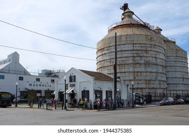 WACO, TEXAS - MARCH 19, 2018: The Silos at Magnolia Market. Crowds line up at the popular tourist attractions Bakery.
