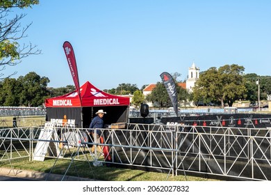 Waco, Texas - Oct. 21, 2021: Medical tent is being prepared for the inaugural Ironman Waco event October 23 and 24.