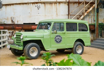 WACO, Texas / United States - April 1, 2019, Old Jeep At Magnolia Market Owned By Chip And Joanna Gaines From The HGTV Show Fixer Upper