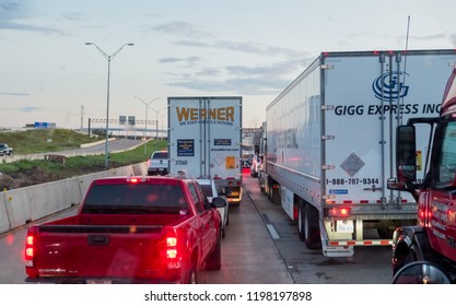 WACO, TEXAS, USA - OCTOBER 1, 2018 - Vehicles Stuck In Heavy Traffic Caused By Accident On Interstate I-35 In Waco, Texas.