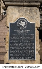 Waco, TX - Oct. 22, 2021: McLennan County Courthouse Texas Historic Landmark sign.