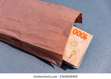 Wad of argentine bills viewed from above - Shutterstock ID 2364828405