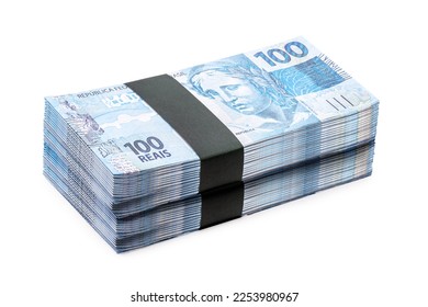 wad of money, grand prize, one hundred thousand reais of brazil money, concieot of savings, income, wealth, earnings or lottery, on isolated white background - Shutterstock ID 2253980967